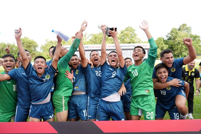 Timnas Brunei Darussalam yang berhasil mengalahkan Timor Leste di babak play-off Piala AFF 2022. Foto: AFF Mitsubishi Electric Cup